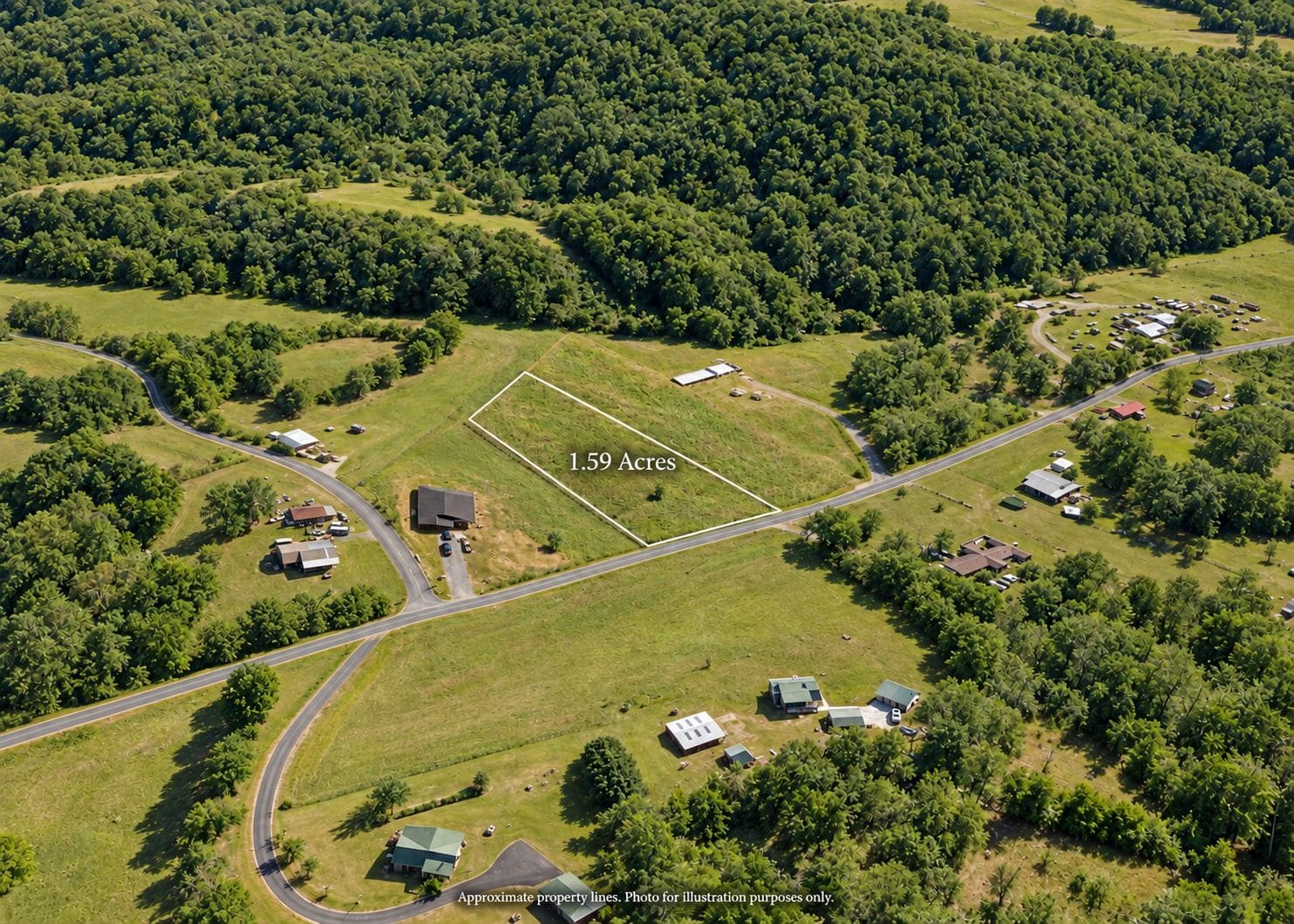 Aerial of an open, gently sloping 1.59-acre lot with paved road frontage in the rolling hills of East Tennessee. The lot is outlined, and the property lines are approximate.