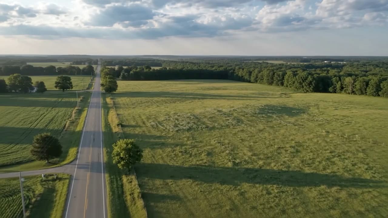 Aerial view of open farmland bordered by treelines, with a two-lane country road running along one edge